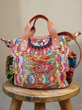 Nena & Co. Vibrant Floral Huipil Leather Convertible Day Bag Full